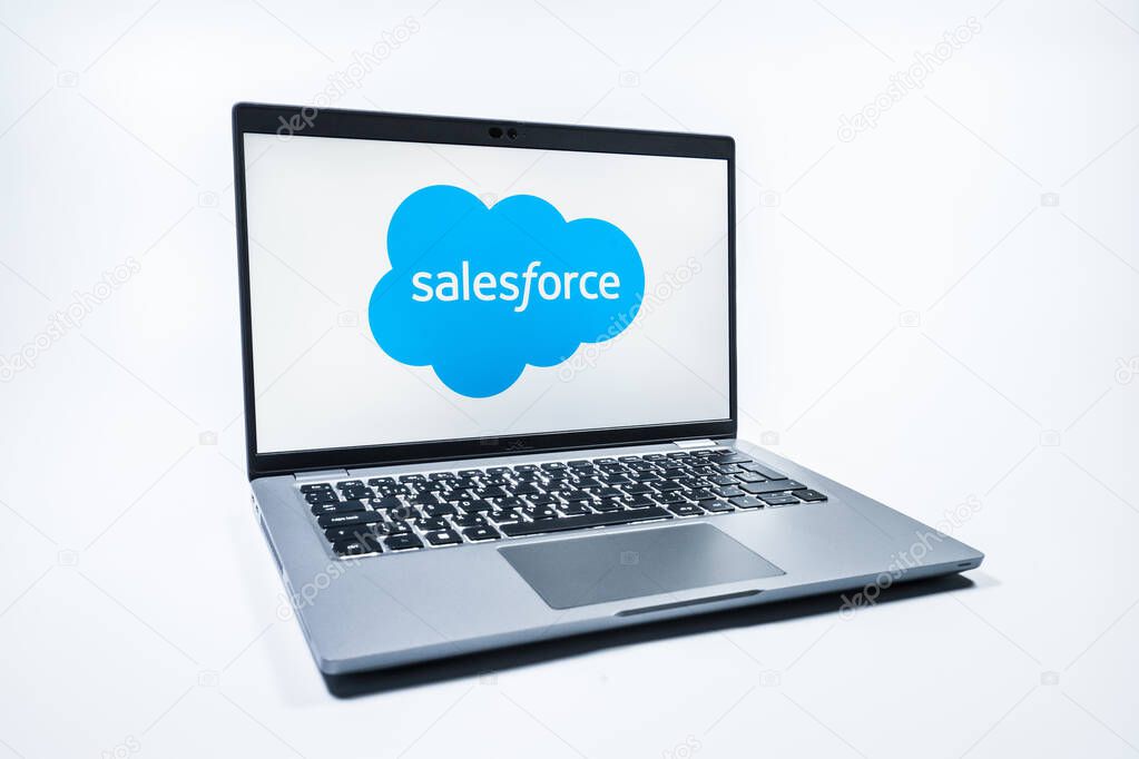 Prague, Czechia - 08 01 2025: A laptop on a uniform background displays the Salesforce logo. Salesforce is a platform for customer relationship management and cloud services.