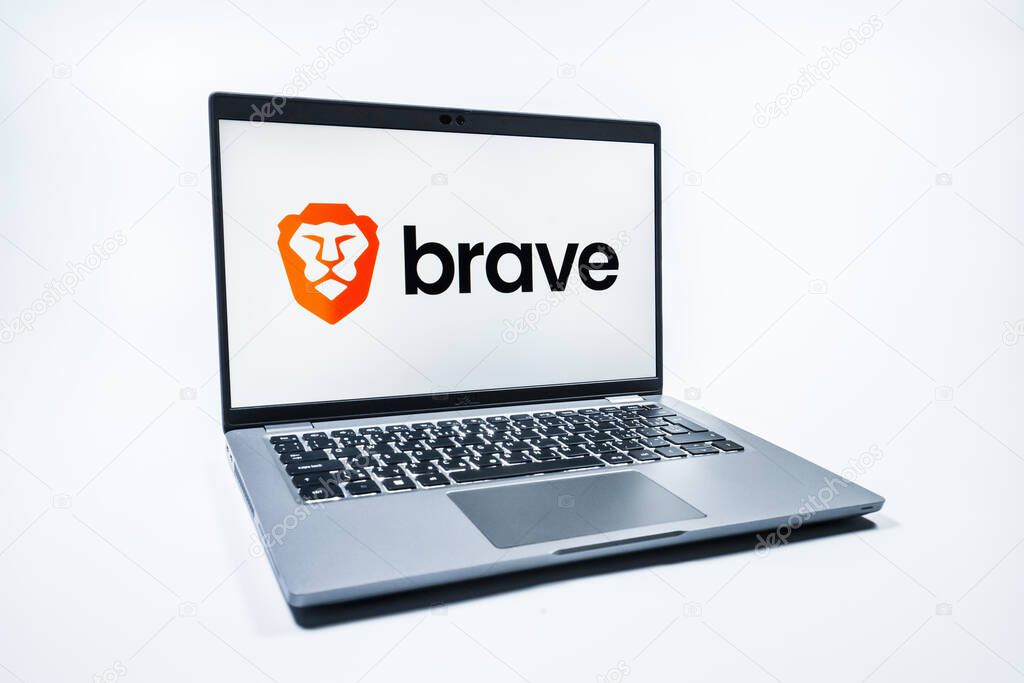 Prague, Czechia - 08 01 2025: A laptop on a uniform background displays the Brave logo. Brave is a web browser focused on privacy and speed.