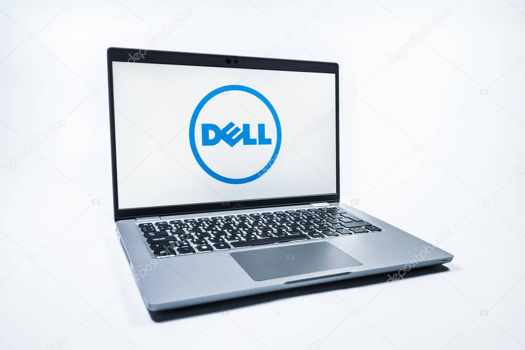 Prague, Czechia - 08 01 2025: A laptop on a uniform background displays the Dell logo. Dell is a technology company producing computers and IT solutions.