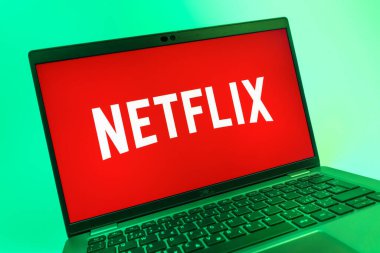 Prag, Çek Cumhuriyeti - 08 01 2025: Netflix logosunu gösteren dizüstü bilgisayarın yakın görüntüsü. Netflix sinema ve televizyon programları için bir yayın platformudur..