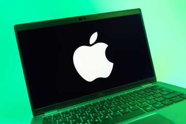 Prag, Çek Cumhuriyeti - 08 01 2025: Apple logosunu gösteren dizüstü bilgisayarın yakın görüntüsü. Apple iPhone, bilgisayar ve hizmet üreten bir teknoloji şirketidir..