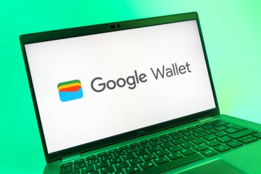 Prag, Çek Cumhuriyeti - 08 01 2025: Google Cüzdan logosunu gösteren dizüstü bilgisayarın yakın görüntüsü. Google Cüzdanı dijital ödeme yöntemlerini depolamak ve kullanmak için bir platformdur.