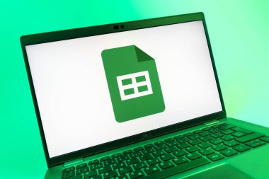 Prag, Çek Cumhuriyeti - 08 01 2025: Google Sheets logosunu gösteren dizüstü bilgisayarın yakın görüntüsü. Google Sayfalar tablo oluşturmak ve yönetmek için bir platformdur.