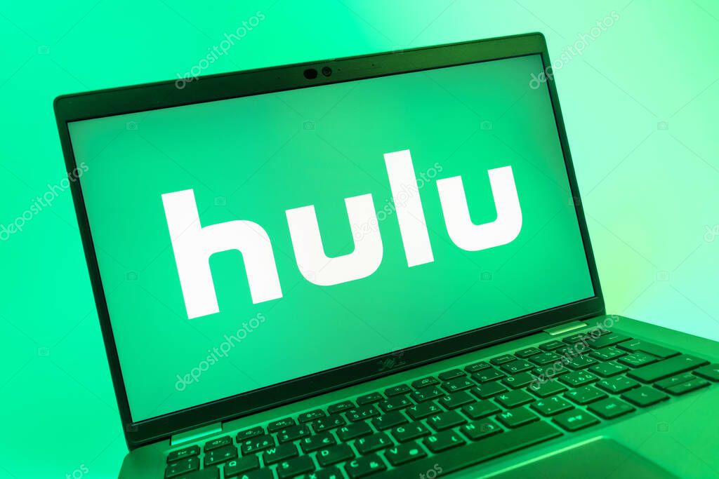 Prague, Czechia - 08 01 2025: A close-up view of a laptop screen displaying the Hulu logo. Hulu is a streaming platform for TV shows, movies, and live TV.