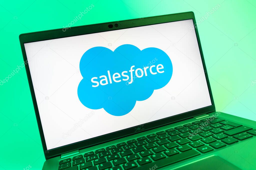 Prague, Czechia - 08 01 2025: A close-up view of a laptop screen displaying the Salesforce logo. Salesforce is a platform for customer relationship management and cloud services.