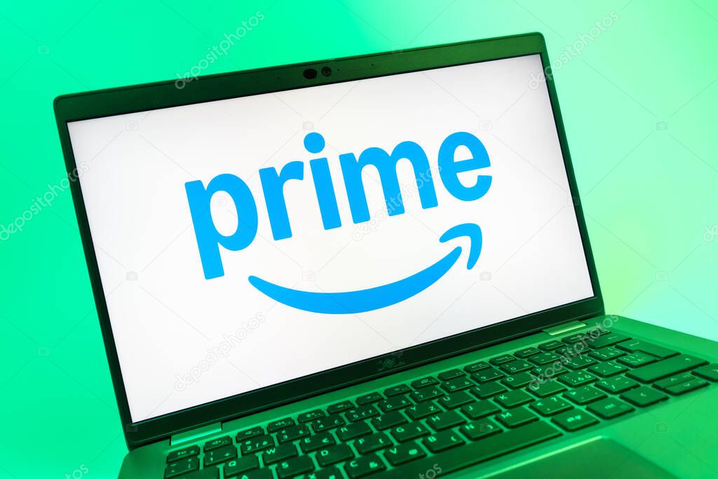 Prague, Czechia - 08 01 2025: A close-up view of a laptop screen displaying the Prime logo. Prime is a subscription service for shopping, streaming, and benefits.