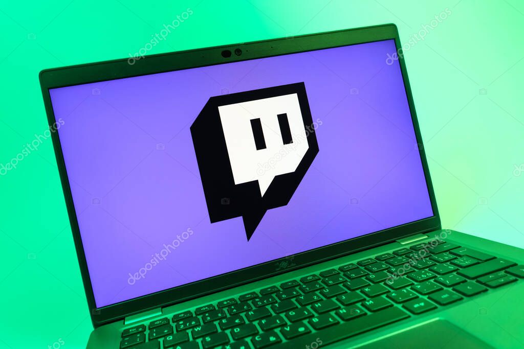 Prague, Czechia - 08 01 2025: A close-up view of a laptop screen displaying the Twitch logo. Twitch is a platform for live streaming games and content.