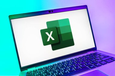 Prag, Çek Cumhuriyeti - 08 01 2025: Excel logosunu gösteren dizüstü bilgisayarın yakın görüntüsü. Excel, tablo, veri analizi ve hesaplamalar için bir yazılımdır..