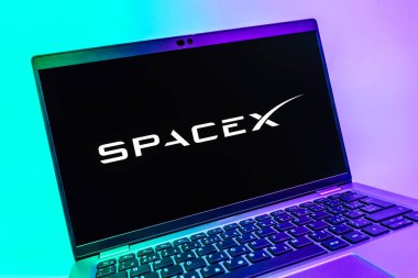 Prag, Çek Cumhuriyeti - 08 01 2025: SpaceX logosunu gösteren dizüstü bilgisayarın yakın görüntüsü. SpaceX uzay keşfi ve roket fırlatmaları için özel bir şirkettir..