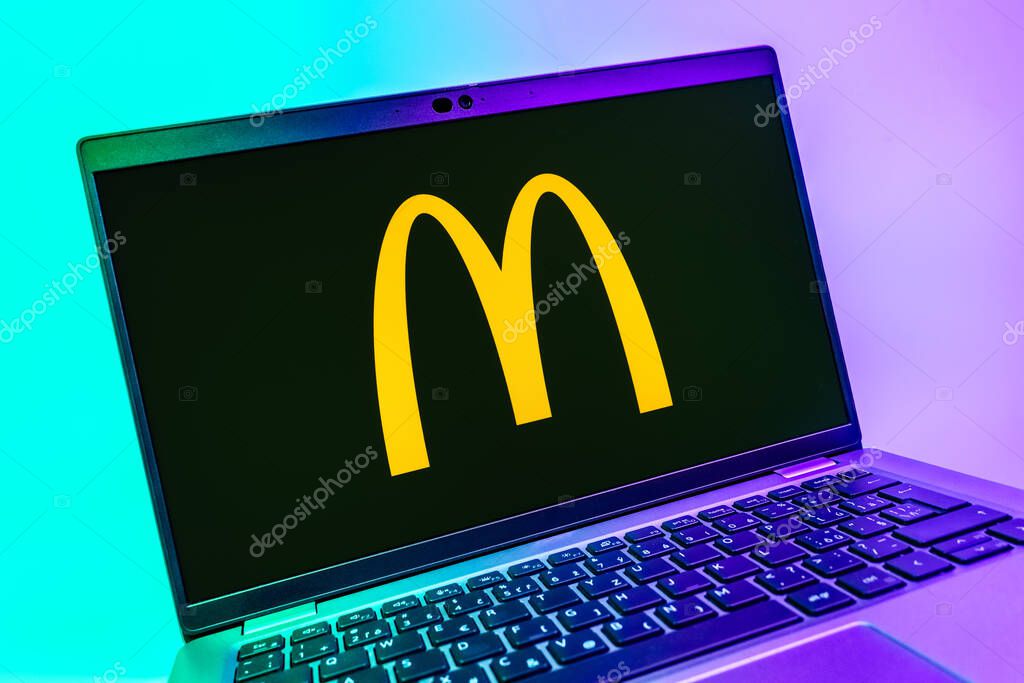 Prague, Czechia - 08 01 2025: A close-up view of a laptop screen displaying the McDonalds logo. McDonalds is a fast-food chain serving burgers, fries, and more.