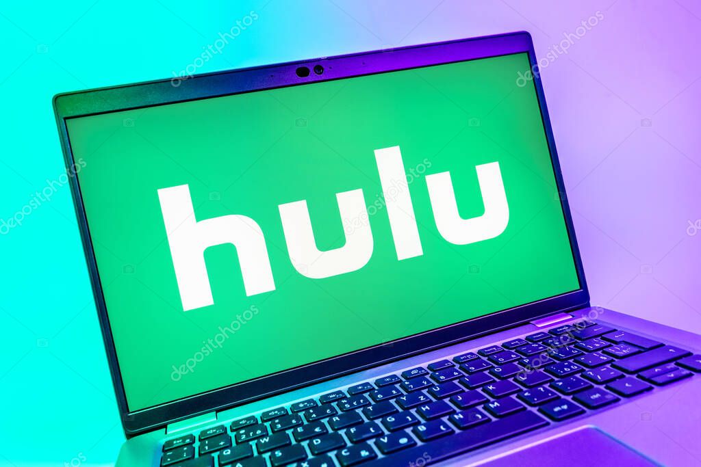Prague, Czechia - 08 01 2025: A close-up view of a laptop screen displaying the Hulu logo. Hulu is a streaming platform for TV shows, movies, and live TV.