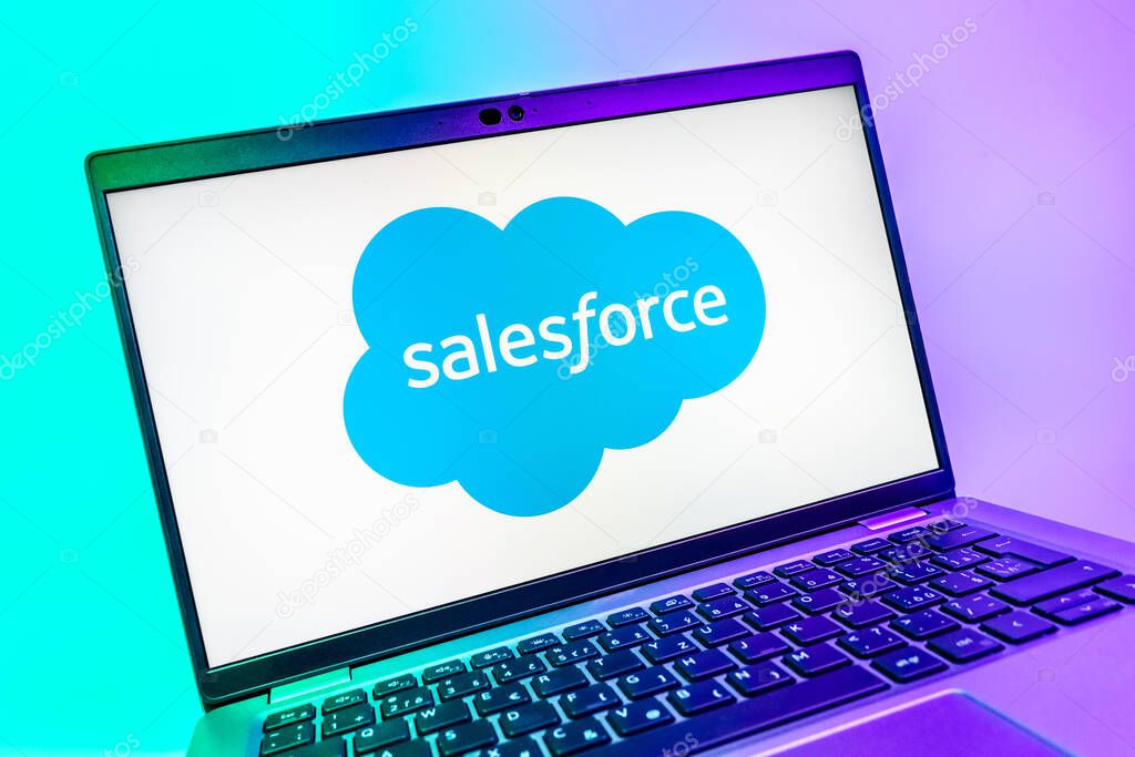 Prague, Czechia - 08 01 2025: A close-up view of a laptop screen displaying the Salesforce logo. Salesforce is a platform for customer relationship management and cloud services.