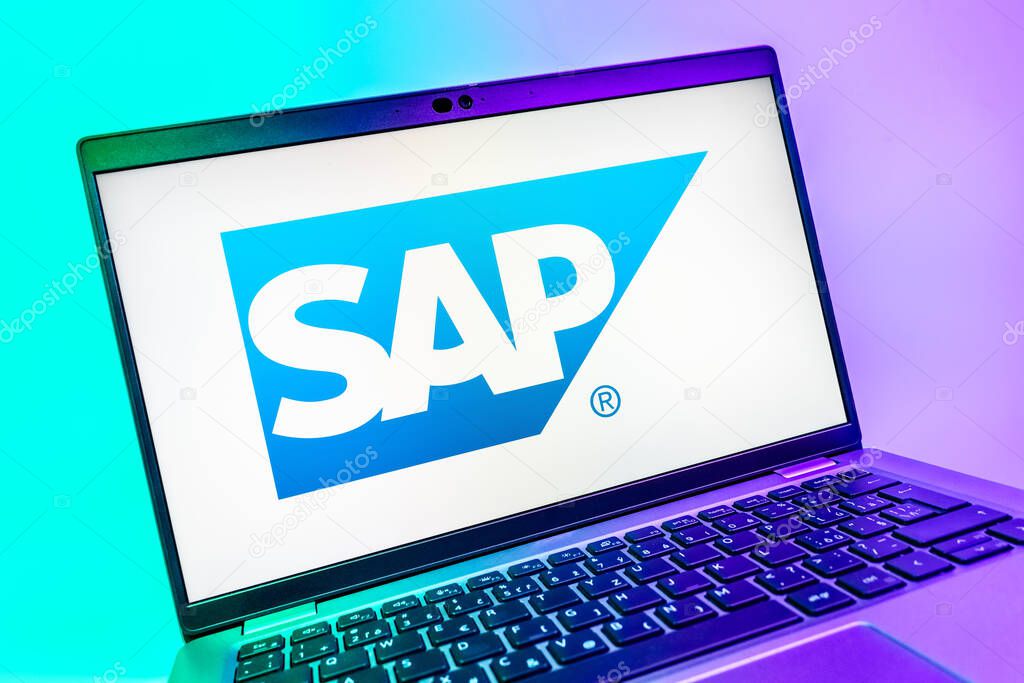 Prague, Czechia - 08 01 2025: A close-up view of a laptop screen displaying the SAP logo. SAP is a software company providing enterprise applications and solutions.