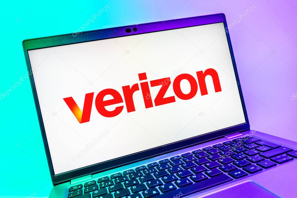Prague, Czechia - 08 01 2025: A close-up view of a laptop screen displaying the Verizon logo. Verizon is a telecom company providing wireless and broadband services.