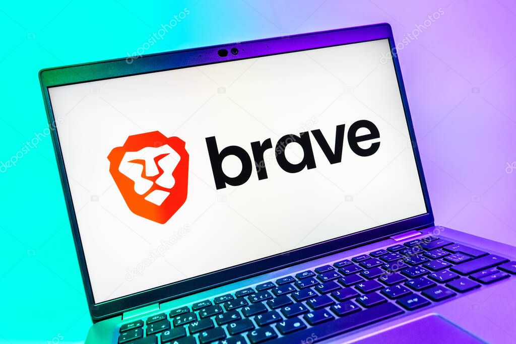 Prague, Czechia - 08 01 2025: A close-up view of a laptop screen displaying the Brave logo. Brave is a web browser focused on privacy and speed.