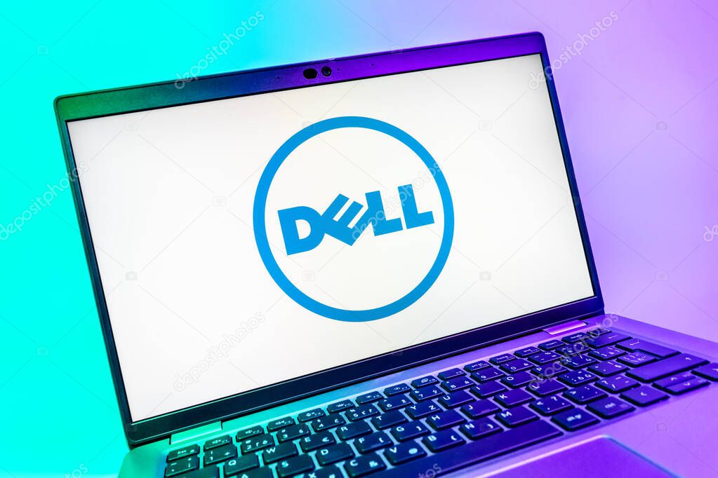 Prague, Czechia - 08 01 2025: A close-up view of a laptop screen displaying the Dell logo. Dell is a technology company producing computers and IT solutions.