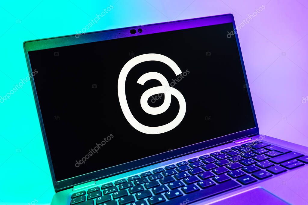 Prague, Czechia - 08 01 2025: A close-up view of a laptop screen displaying the Threads logo. Threads is a social media platform for sharing short posts and updates.