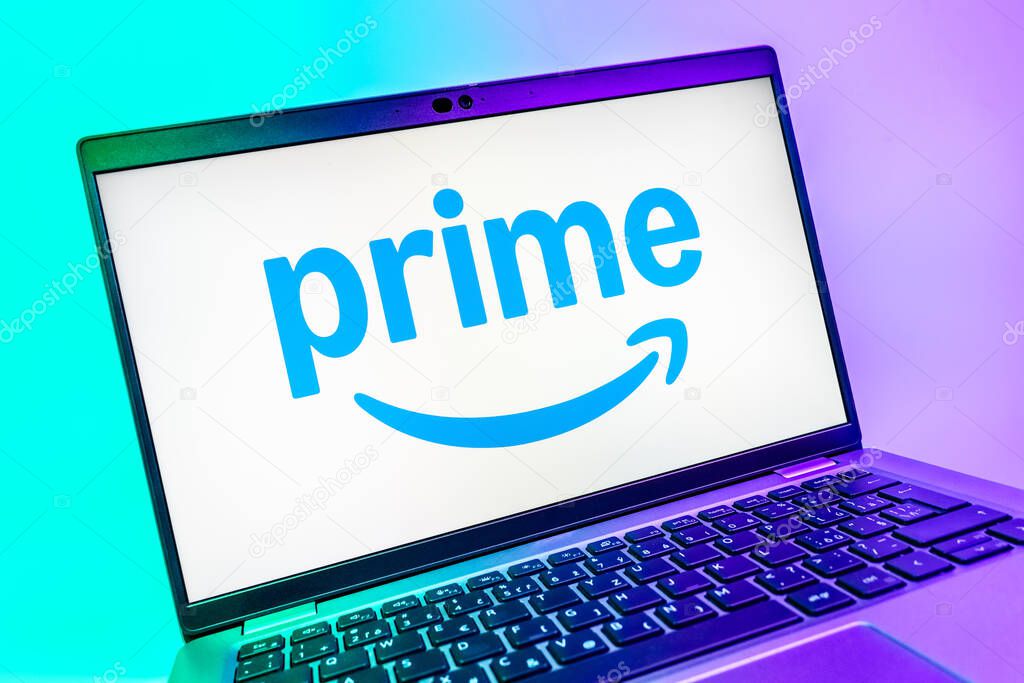 Prague, Czechia - 08 01 2025: A close-up view of a laptop screen displaying the Prime logo. Prime is a subscription service for shopping, streaming, and benefits.