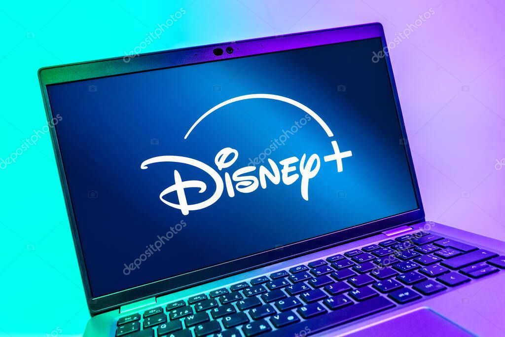 Prague, Czechia - 08 01 2025: A close-up view of a laptop screen displaying the Disney+ logo. Disney + is a streaming platform for movies and TV shows.