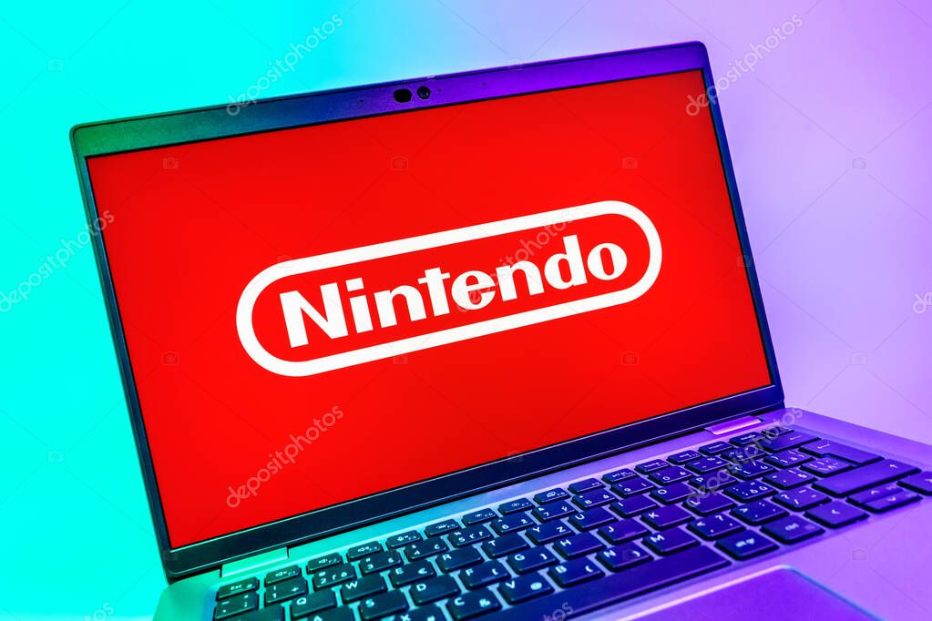 Prague, Czechia - 08 01 2025: A close-up view of a laptop screen displaying the Nintendo logo. Nintendo is a company producing video game consoles and games.