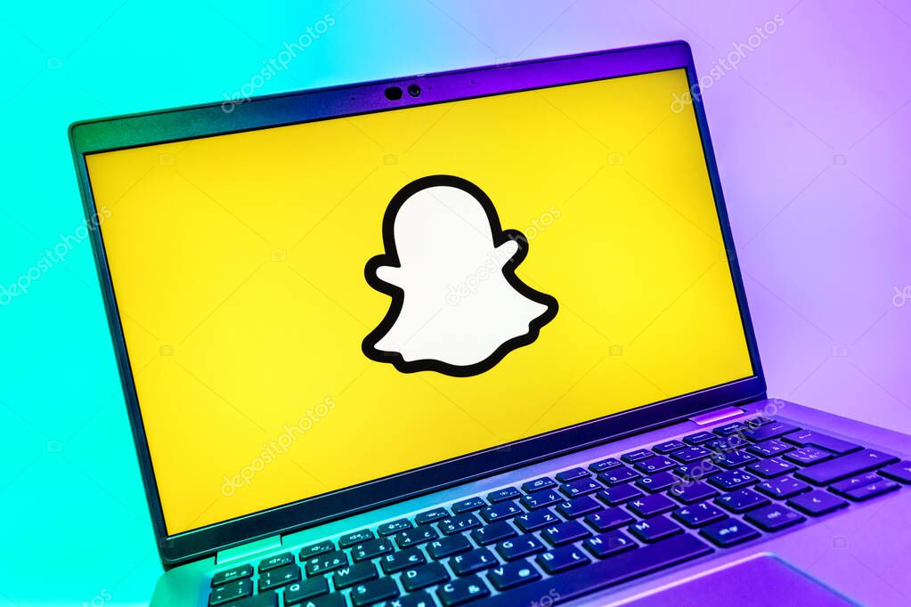 Prague, Czechia - 08 01 2025: A close-up view of a laptop screen displaying the Snapchat logo. Snapchat is an app for sending photos, videos, and temporary messages.