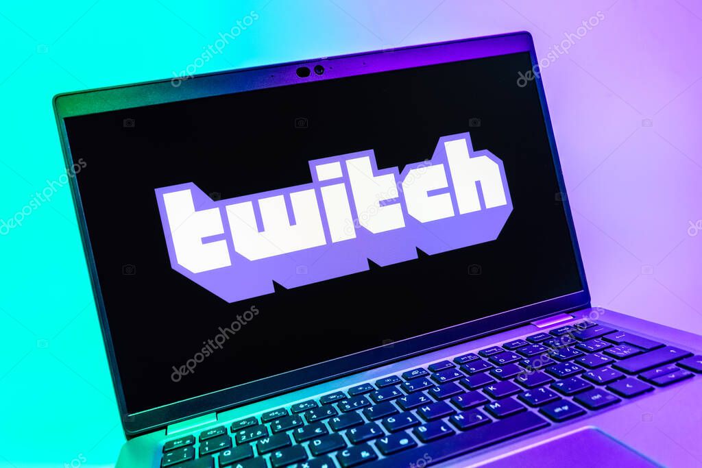 Prague, Czechia - 08 01 2025: A close-up view of a laptop screen displaying the Twitch logo. Twitch is a platform for live streaming games and content.