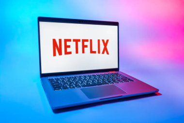 Prag, Çek Cumhuriyeti - 08 01 2025: Tek tip arka planda bir dizüstü bilgisayar Netflix logosunu gösterir. Netflix sinema ve televizyon programları için bir yayın platformudur..