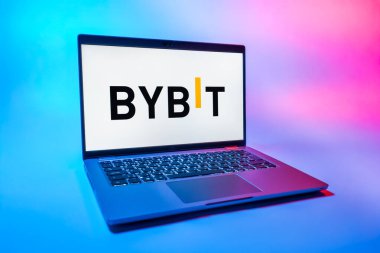 Prag, Çek Cumhuriyeti - 08 01 2025: Tek bir arkaplanda bir dizüstü bilgisayar Bybit logosunu gösterir. Bybit şifreli para ve türev ticareti için bir platformdur.