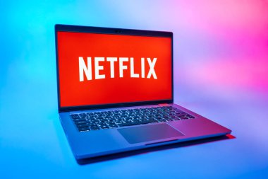 Prag, Çek Cumhuriyeti - 08 01 2025: Tek tip arka planda bir dizüstü bilgisayar Netflix logosunu gösterir. Netflix sinema ve televizyon programları için bir yayın platformudur..