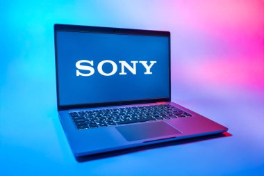 Prag, Çek Cumhuriyeti - 08 01 2025: Sony logosunu gösteren bir dizüstü bilgisayar. Sony elektronik, oyun ve eğlence üreten bir teknoloji şirketidir..