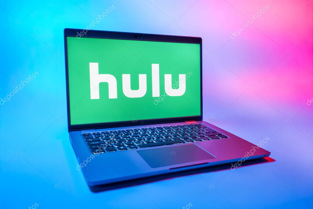 Prague, Czechia - 08 01 2025: A laptop on a uniform background displays the Hulu logo. Hulu is a streaming platform for TV shows, movies, and live TV.