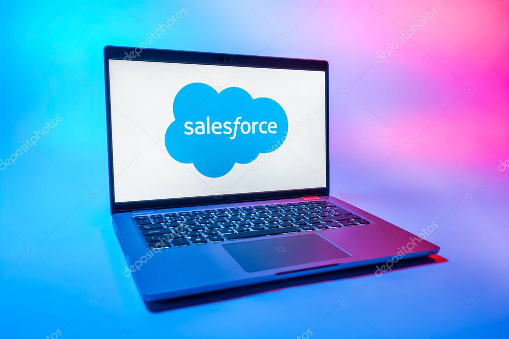 Prague, Czechia - 08 01 2025: A laptop on a uniform background displays the Salesforce logo. Salesforce is a platform for customer relationship management and cloud services.