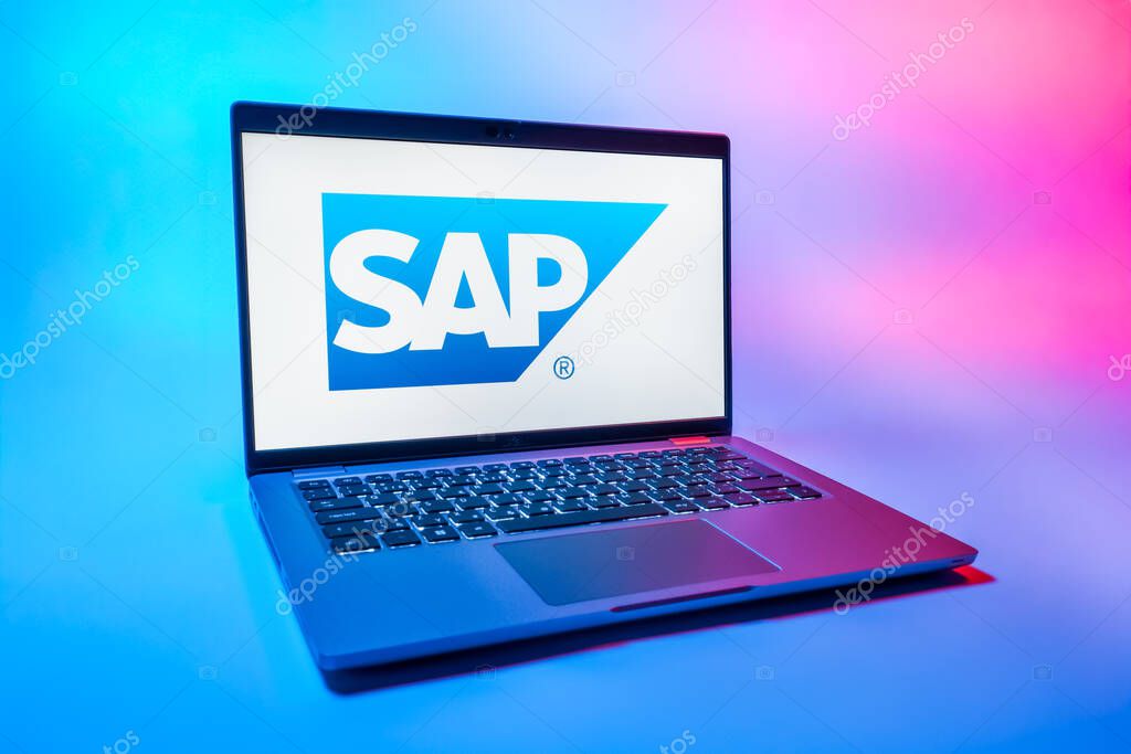 Prague, Czechia - 08 01 2025: A laptop on a uniform background displays the SAP logo. SAP is a software company providing enterprise applications and solutions.