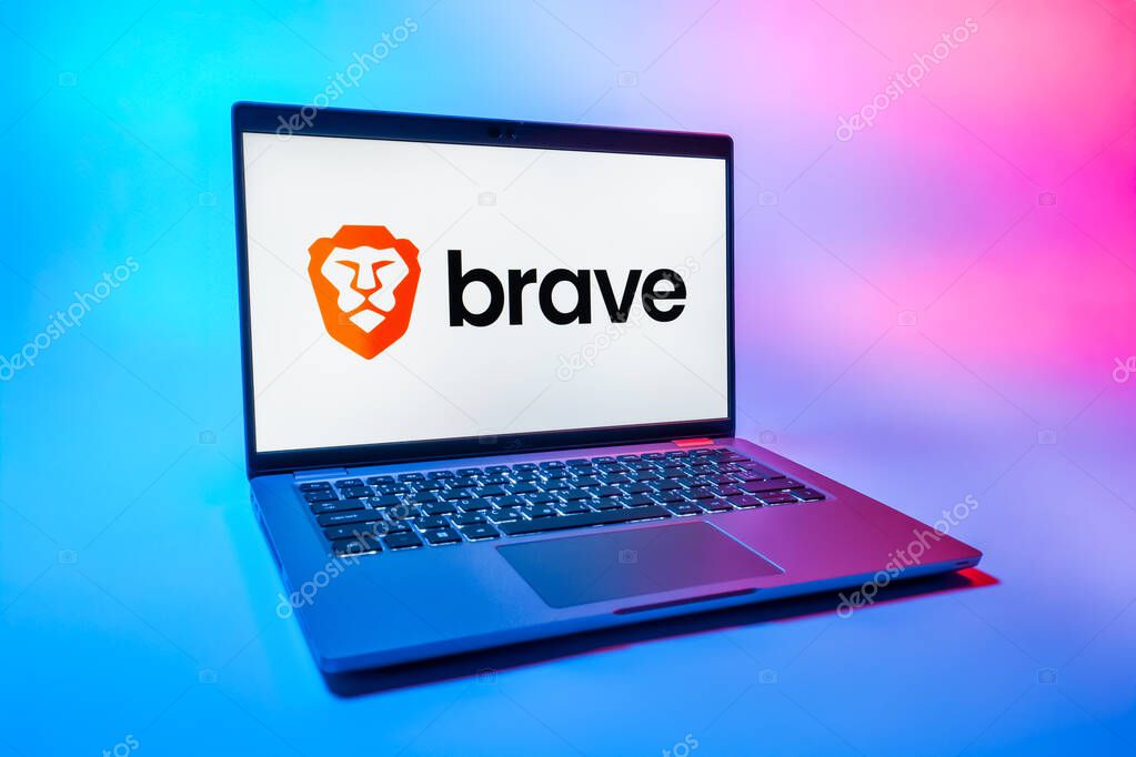 Prague, Czechia - 08 01 2025: A laptop on a uniform background displays the Brave logo. Brave is a web browser focused on privacy and speed.