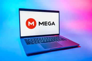 Prag, Çek Cumhuriyeti - 08 01 2025: Mega logosunu gösteren bir dizüstü bilgisayar. Mega şifreli dosya paylaşımı ile bulut depolama platformu.