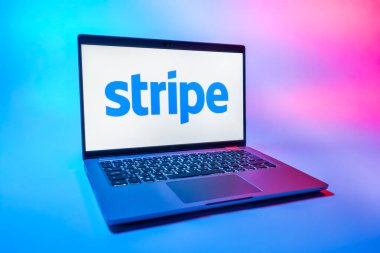 Prag, Çek Cumhuriyeti - 08 01 2025: Tek tip arka planda bir dizüstü bilgisayar Stripe logosunu gösterir. Stripe çevrimiçi ödeme işlemleri ve işlemleri için bir platformdur.