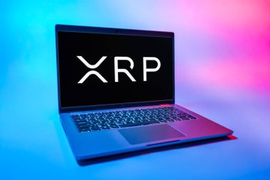 Prag, Çek Cumhuriyeti - 08 01 2025: Tek tip arkaplanda bir dizüstü bilgisayar Ripple logosunu gösterir. Dalgalanma dijital kripto para birimi ve ödeme protokolüdür..