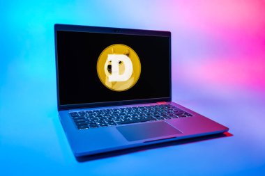Prag, Çek Cumhuriyeti - 08 01 2025: Tek bir arkaplanda bir dizüstü bilgisayar Dogecoin logosunu gösteriyor. Dogecoin, paylaşımcı işlemler için kullanılan bir şifreli para birimidir.