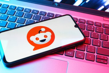 Prag, Çek Cumhuriyeti - 08 01 2025: Dizüstü bilgisayarın üzerinde duran bir cep telefonu Reddit logosunu gösterir. Reddit tartışma, haber ve toplum içeriği için bir platformdur.