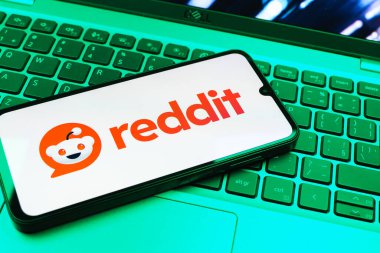 Prag, Çek Cumhuriyeti - 08 01 2025: Dizüstü bilgisayarın üzerinde duran bir cep telefonu Reddit logosunu gösterir. Reddit tartışma, haber ve toplum içeriği için bir platformdur.