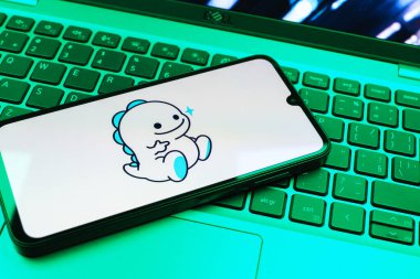 Prag, Çek Cumhuriyeti - 08 01 2025: Dizüstü bilgisayarın üzerinde duran bir cep telefonu Bigo Live logosunu gösteriyor. Bigo Live canlı yayın ve sosyal etkileşim için bir platformdur.