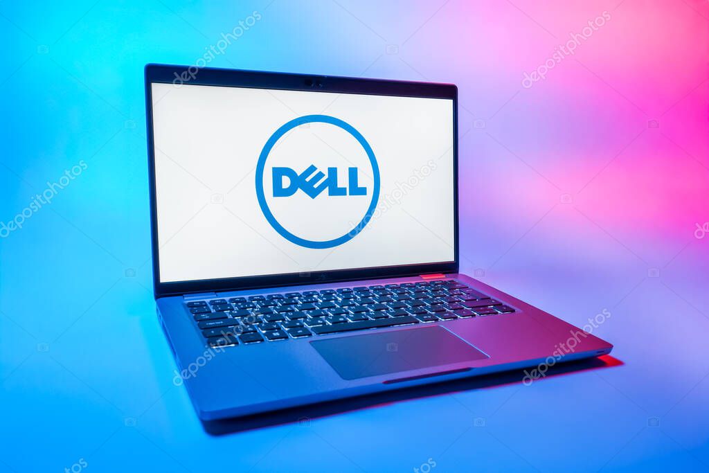 Prague, Czechia - 08 01 2025: A laptop on a uniform background displays the Dell logo. Dell is a technology company producing computers and IT solutions.