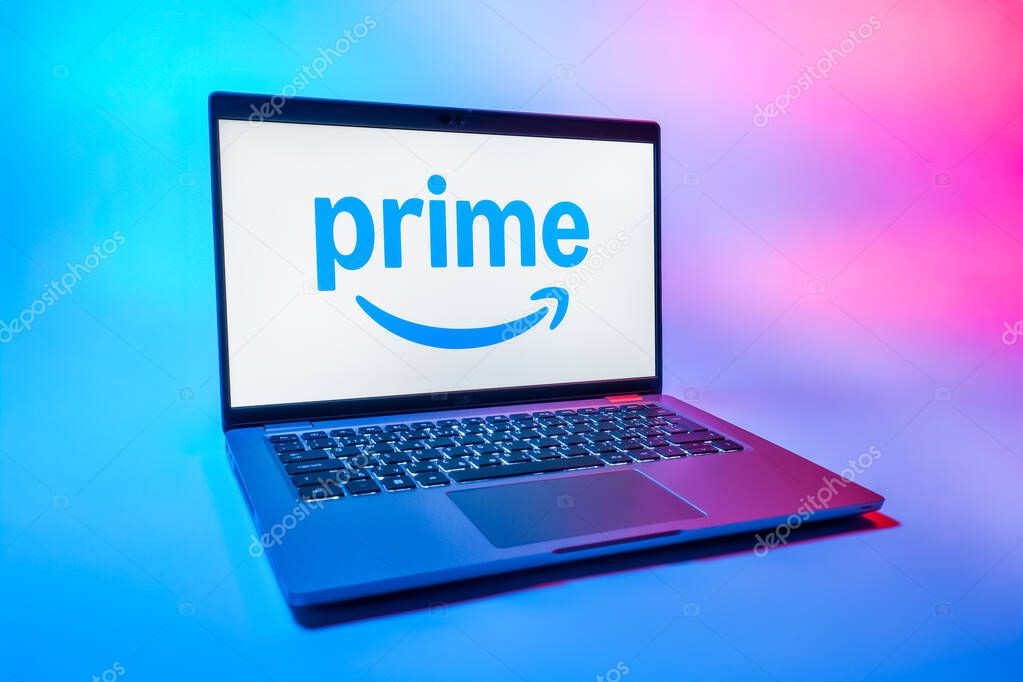 Prague, Czechia - 08 01 2025: A laptop on a uniform background displays the Prime logo. Prime is a subscription service for shopping, streaming, and benefits.