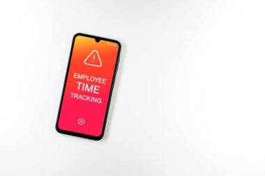Phone on white background displays Employee Time Tracking text. Employee Time Tracking is recording hours worked by employees.
