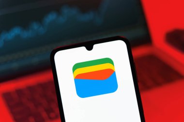 Prag, Çek Cumhuriyeti - 08 12 2025: Bir dizüstü bilgisayarın önünde duran bir cep telefonu Google Cüzdan logosunu gösteriyor. Google Cüzdanı dijital ödeme yöntemlerini depolamak ve kullanmak için bir platformdur.