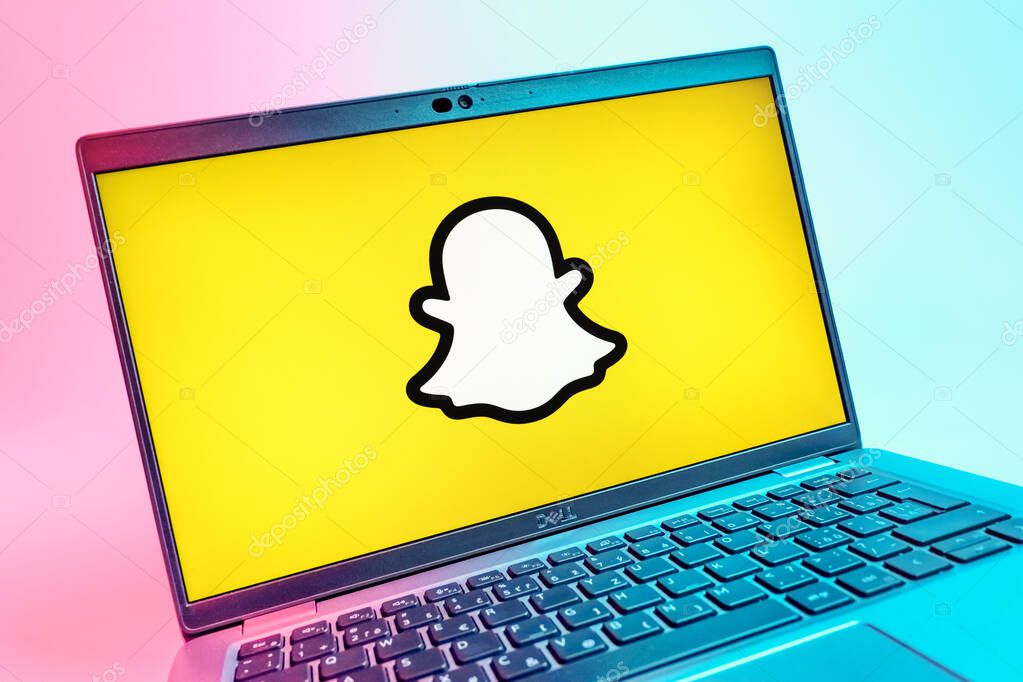 Prague, Czechia - 08 01 2025: A close-up view of a laptop screen displaying the Snapchat logo. Snapchat is an app for sending photos, videos, and temporary messages.