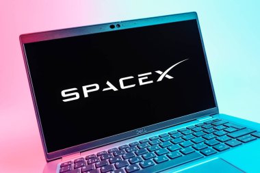 Prag, Çek Cumhuriyeti - 08 01 2025: SpaceX logosunu gösteren dizüstü bilgisayarın yakın görüntüsü. SpaceX uzay keşfi ve roket fırlatmaları için özel bir şirkettir..