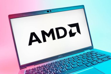 Prag, Çek Cumhuriyeti - 08 01 2025: AMD logosunu gösteren dizüstü bilgisayarın yakın görüntüsü. AMD, işlemci ve işlemci üreten yarı iletken bir şirkettir..