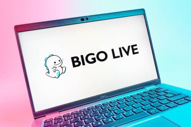 Prag, Çek Cumhuriyeti - 08 01 2025: Bigo Live logosunu gösteren dizüstü bilgisayarın yakın görüntüsü. Bigo Live canlı yayın ve sosyal etkileşim için bir platformdur.