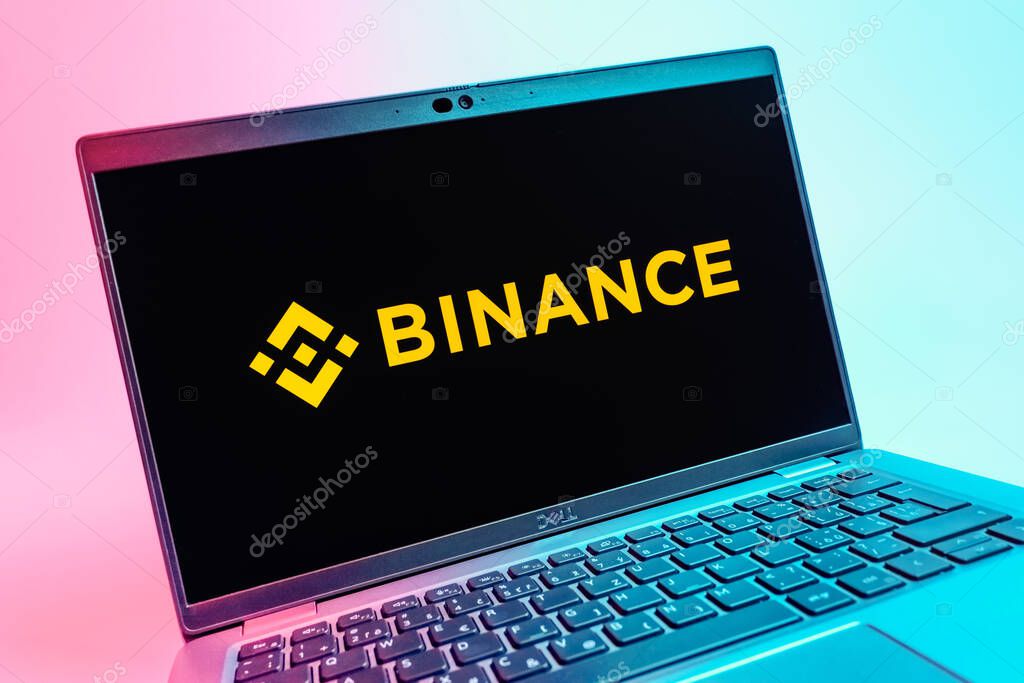 Prague, Czechia - 08 01 2025: A close-up view of a laptop screen displaying the Binance logo. Binance is a cryptocurrency exchange for trading digital assets.